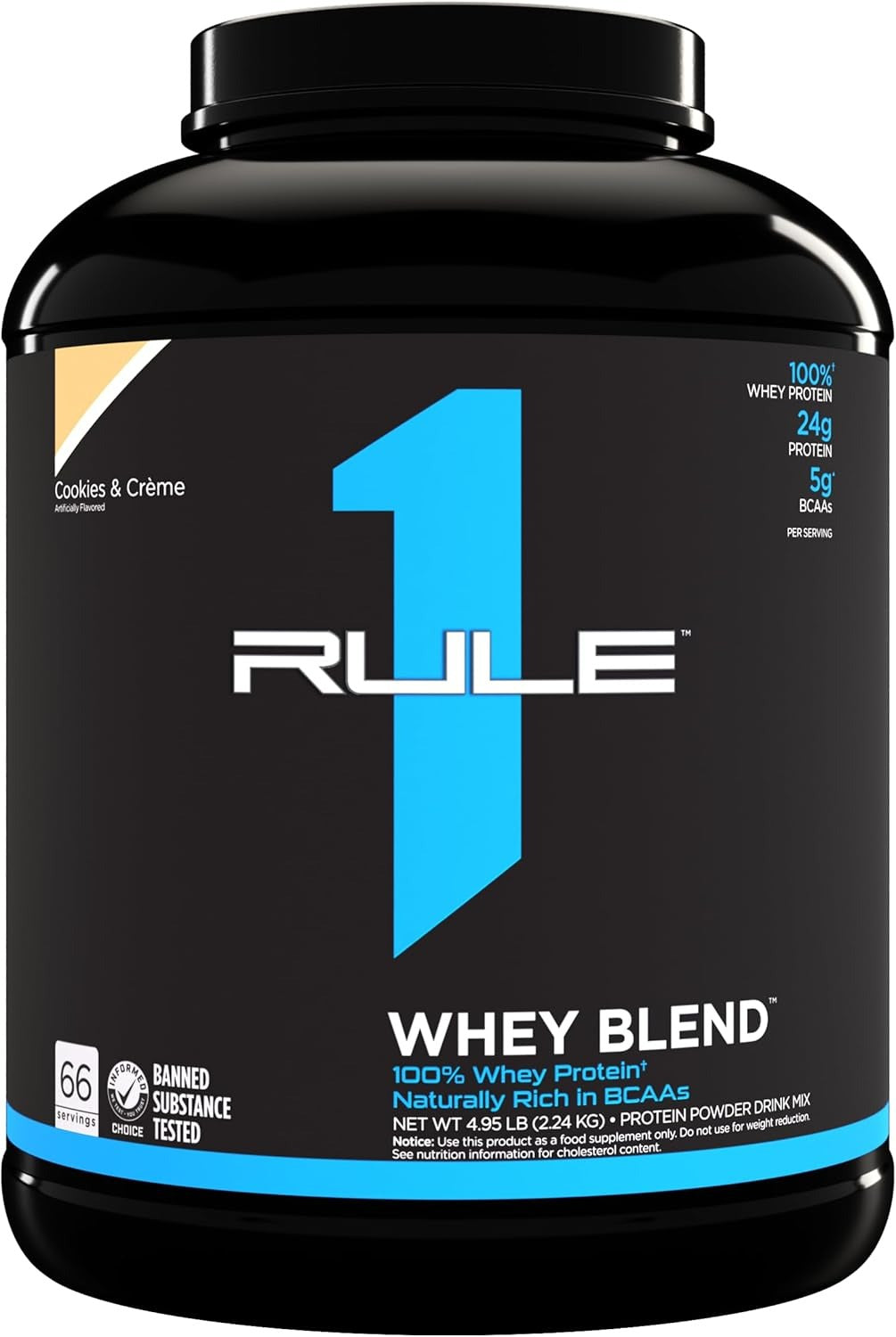 Rule1 1 Whey Blend 100% Protein Powder Cookies & Cream | 24g Protein| 5.5g BCAAs| 68 Servings| 4.95 Lbs (2.24 kg)