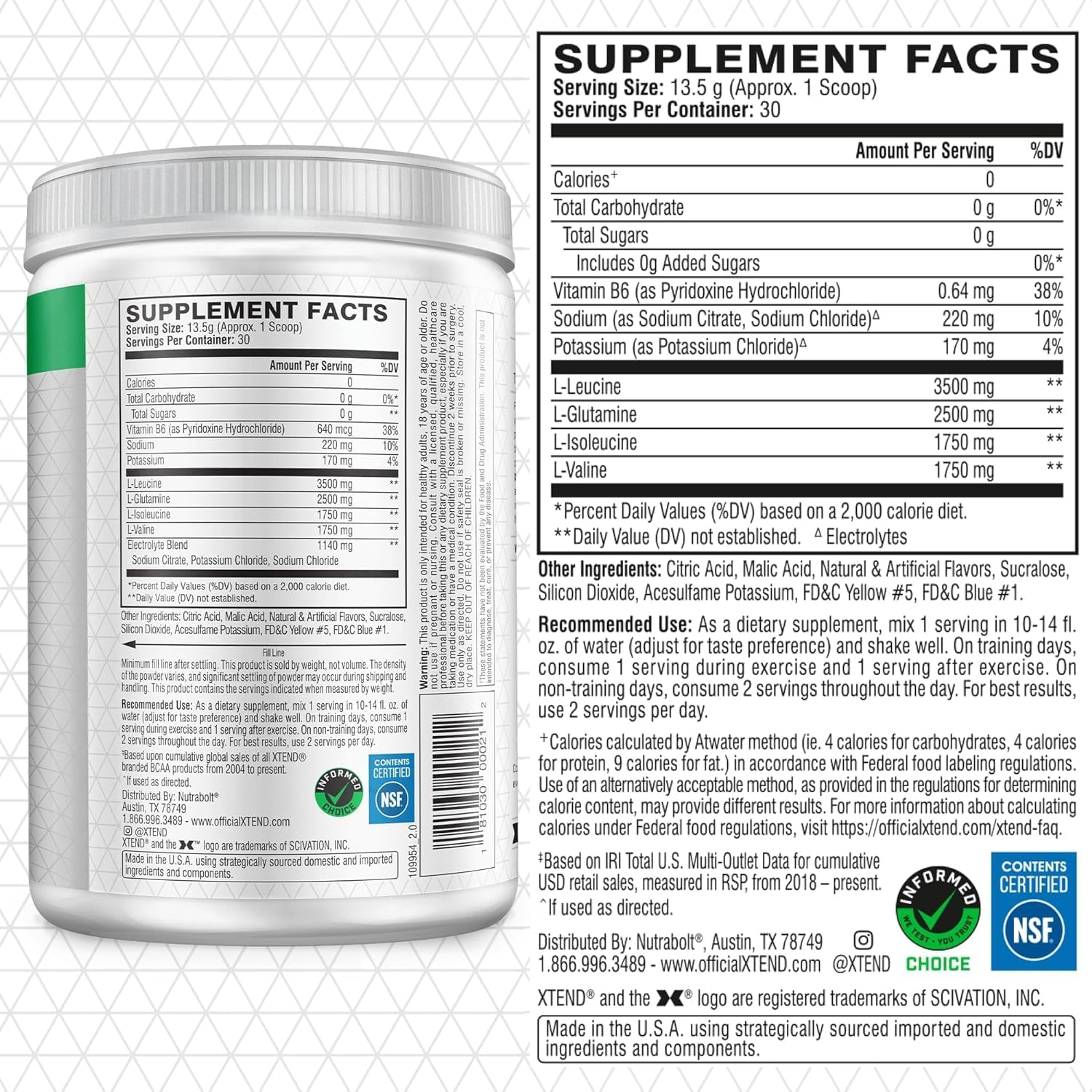 XTEND Original BCAA Powder Lemon Lime Squeeze - ZERO CALORIE, ZERO CARB, ZERO SUGAR - Post Workout Muscle Recovery Drink with Amino Acids - 7g BCAAs for Men & Women - 30 Servings (Packaging May Vary)
