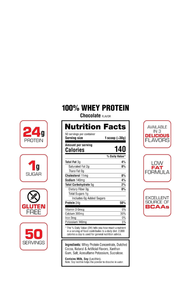 Labrada Nutrition 100% Whey Protein (Chocolate, 4.13 lbs/1875 g, 50 servings) 24g Protein, 1 g Sugar, No Trans-fat, High in Glutamine & Gluten Free