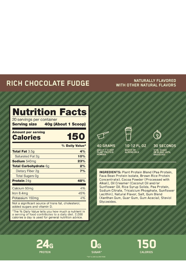 Optimum Nutrition (ON) Gold Standard 100% Plant Based Protein Powder, Gluten Free- Creamy Vanilla, 740 G, 20 Servings