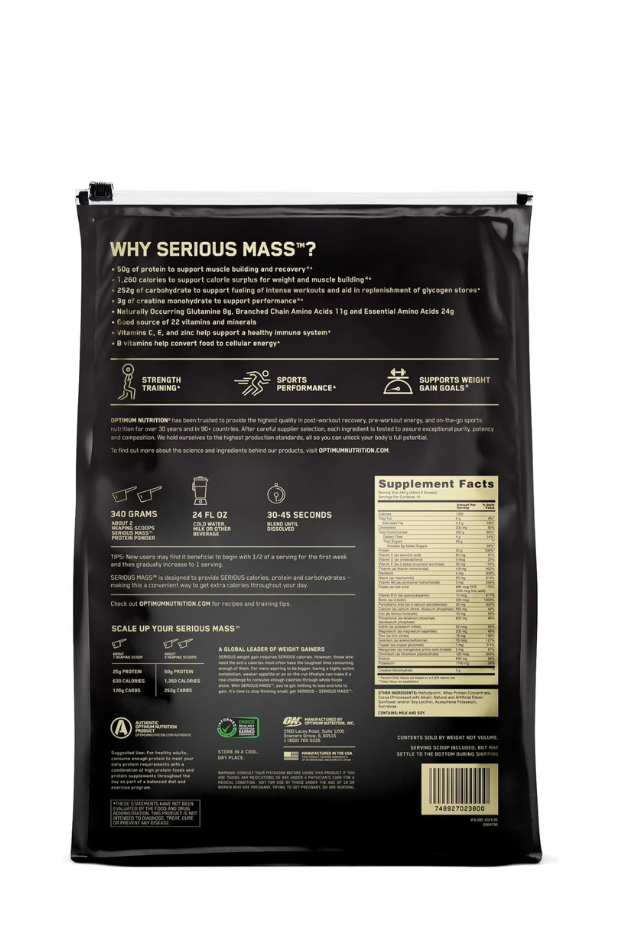 Optimum Nutrition (ON) Serious Mass: High Protein Muscle Building & Weight Gainer Powder, 50 Grams of Protein, Immune Support - Chocolate, 12 Lbs (5.44 KG) pack may vary