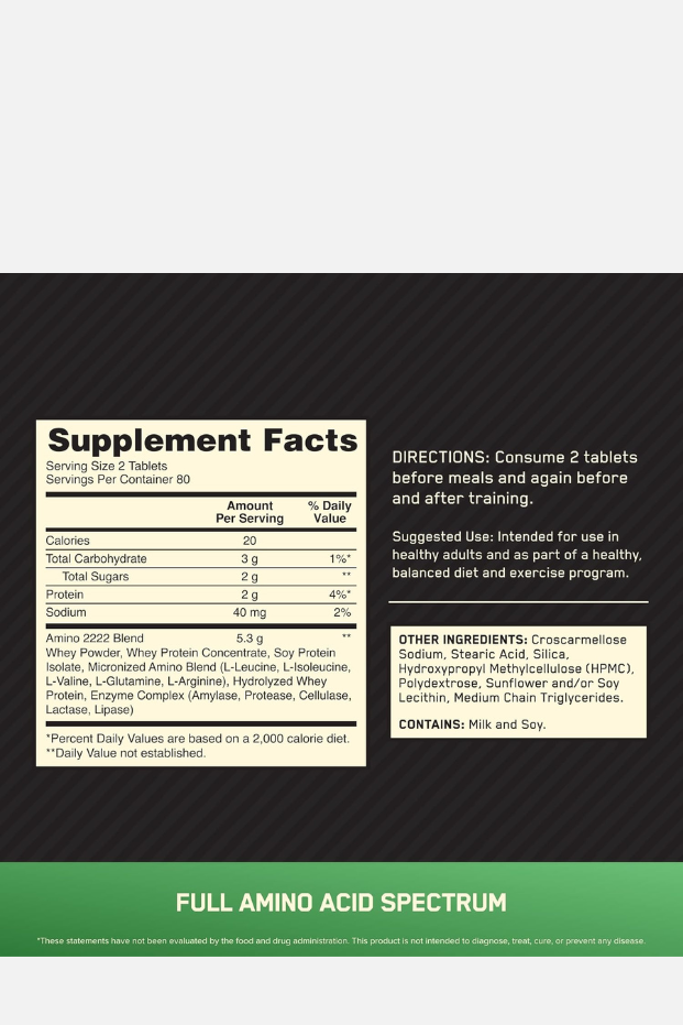 Optimum Nutrition (ON) Superior Amino 2222 Tablets, Complete Essential Amino Acids, EAAs to Maintain Muscle Tissue - 160 Tablets