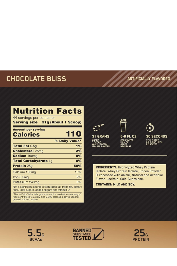 Optimum Nutrition (ON) Gold Standard 100% Isolate, 25 Grams of Protein- Chocolate Bliss, 1.64 Lbs, 24 Servings (744 G)