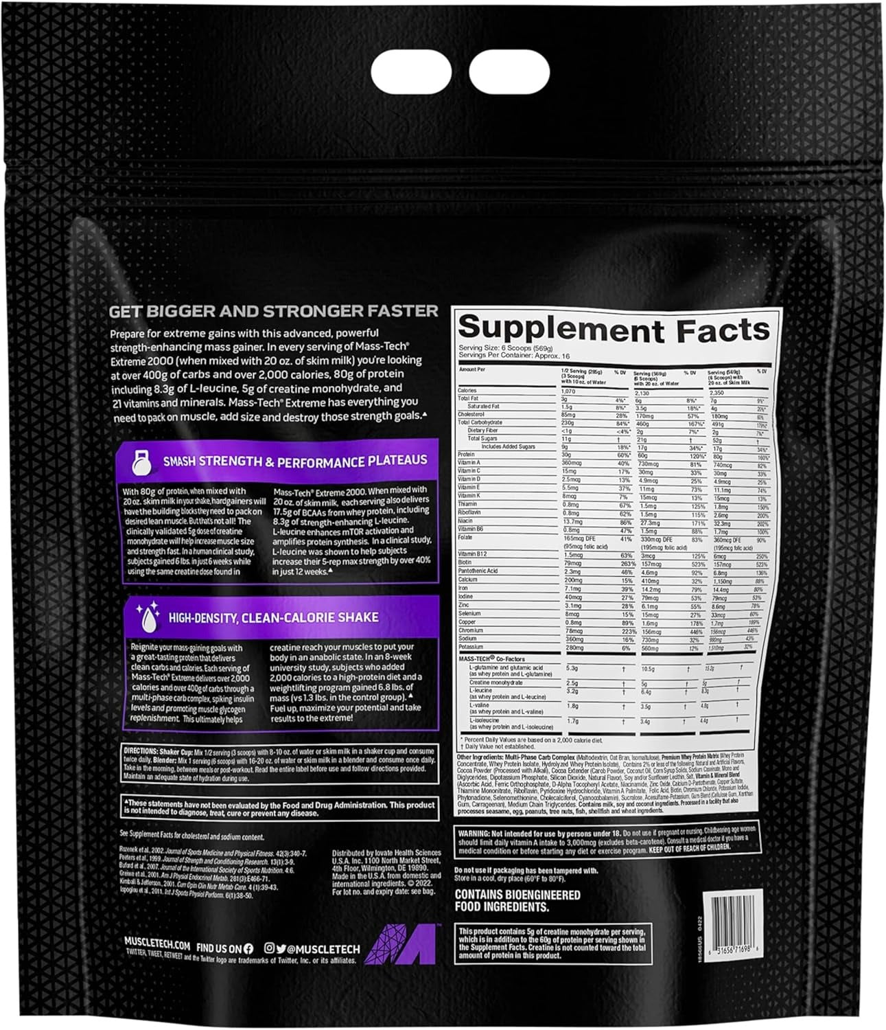 MuscleTech Mass Tech Extreme 2000 Ultimate 100% Muscle Builder Whey Protein Mass Gainer with 80 grmas Protein, 10 grams Creatine & 20 grams Vitamins & Minerals for Men & Women, Vanilla Flavor 6.00 lbs