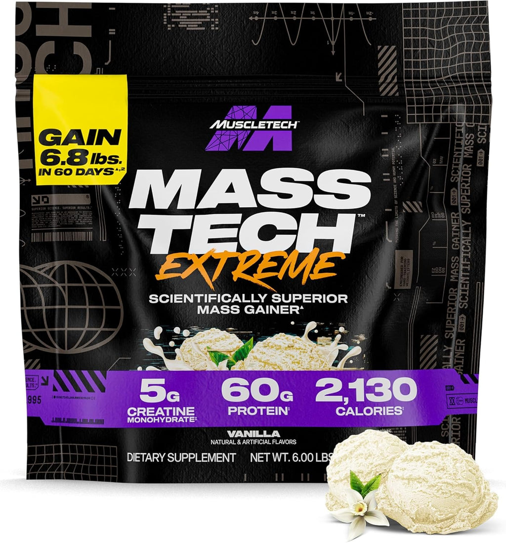 MuscleTech Mass Tech Extreme 2000 Ultimate 100% Muscle Builder Whey Protein Mass Gainer with 80 grams Protein, 10 grams Creatine & 20 grams Vitamins & Minerals for Men & Women, Vanilla Flavor 6.00 lbs
